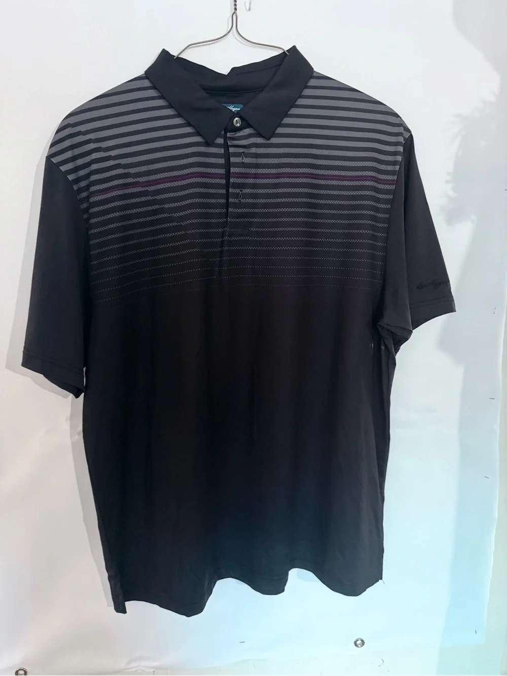 Hogan Men's Black Polo with Gray Gradient Stripe Yoke